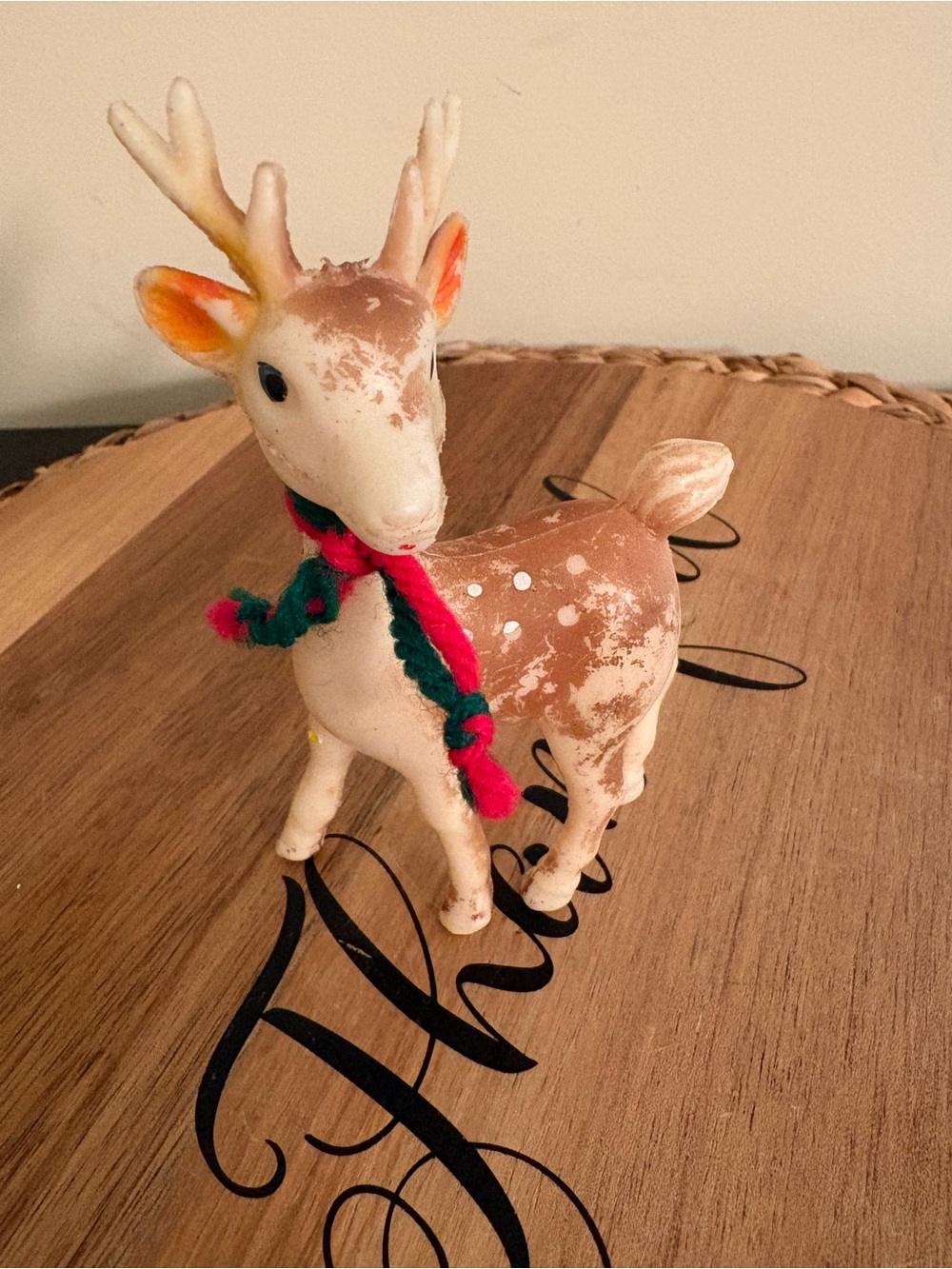 Vintage Brown & Cream Reindeer Figurine with Red and Green Scarf Plastic